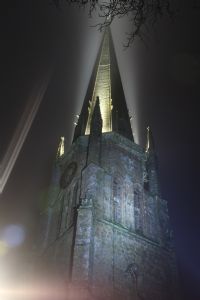 St Mary's spire, floodlit at night